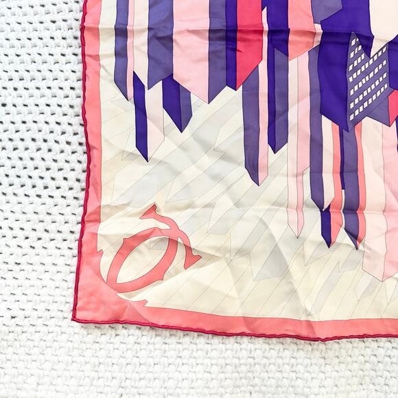 Cartier Pink Purple Ivory Geometric Skyline Cityscape Spellout Silk Square Scarf - Picture 8 of 12